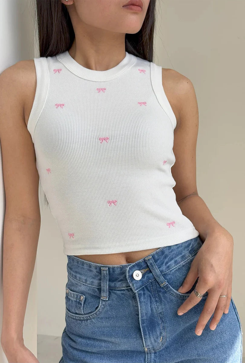 Pastel Pink Bow Embroidered Tank Top