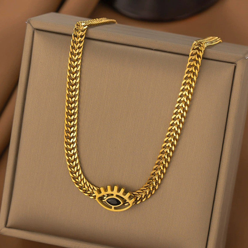 Gold Plated Stainless Steel Anti Tarnish Evil Eye themed Black Necklace For Women