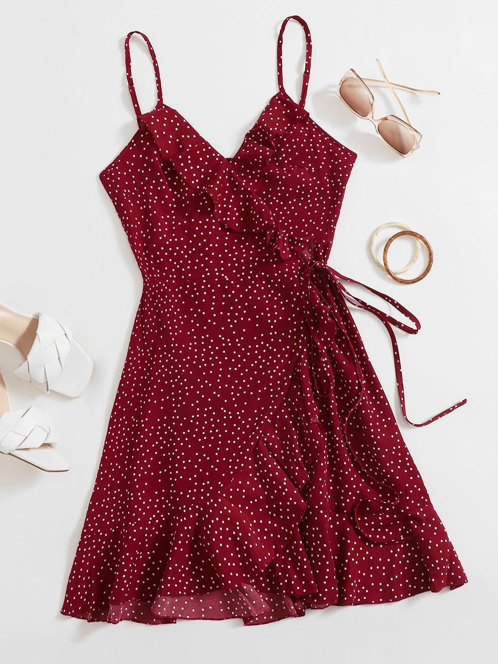 Polka Dot Side Ruffle Red Dress