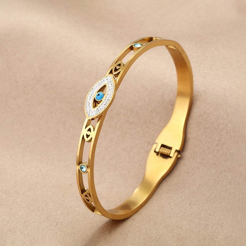 Gold Plated Stainless Steel Evil Eye Themed Anti Tarnish Bangle Style Bracelet