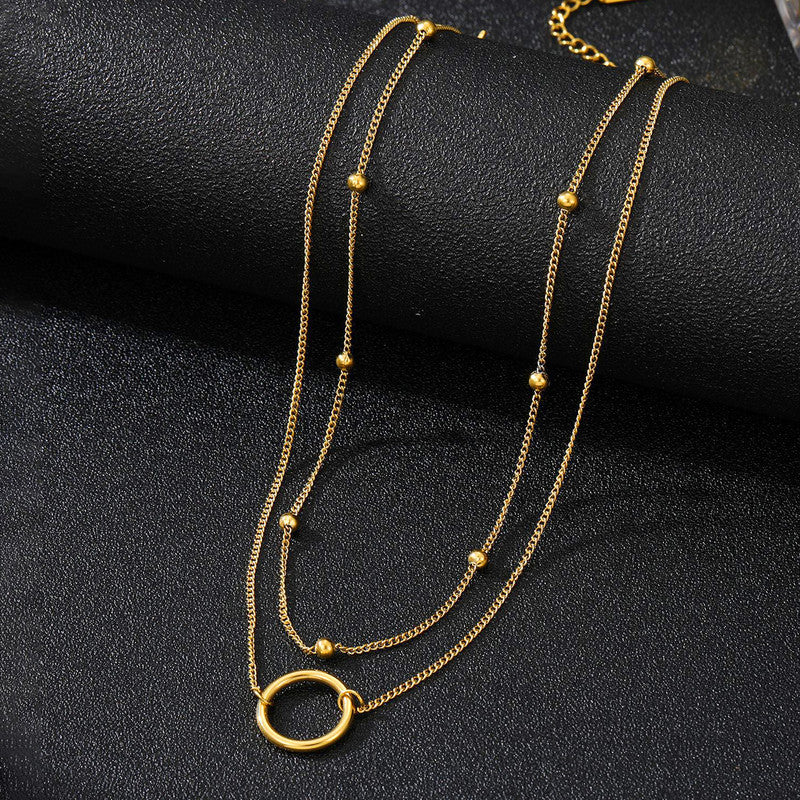Gold Plated Stainless Steel Anti Tarnish Dual Layered Chain Hoop Pendant Necklace